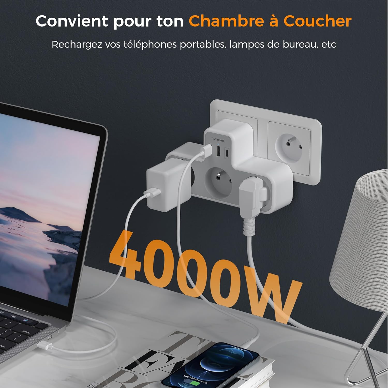 TESSAN multi-socket in a bedroom setting, highlighting its 4000W power capacity for charging various devices like laptops and phones.