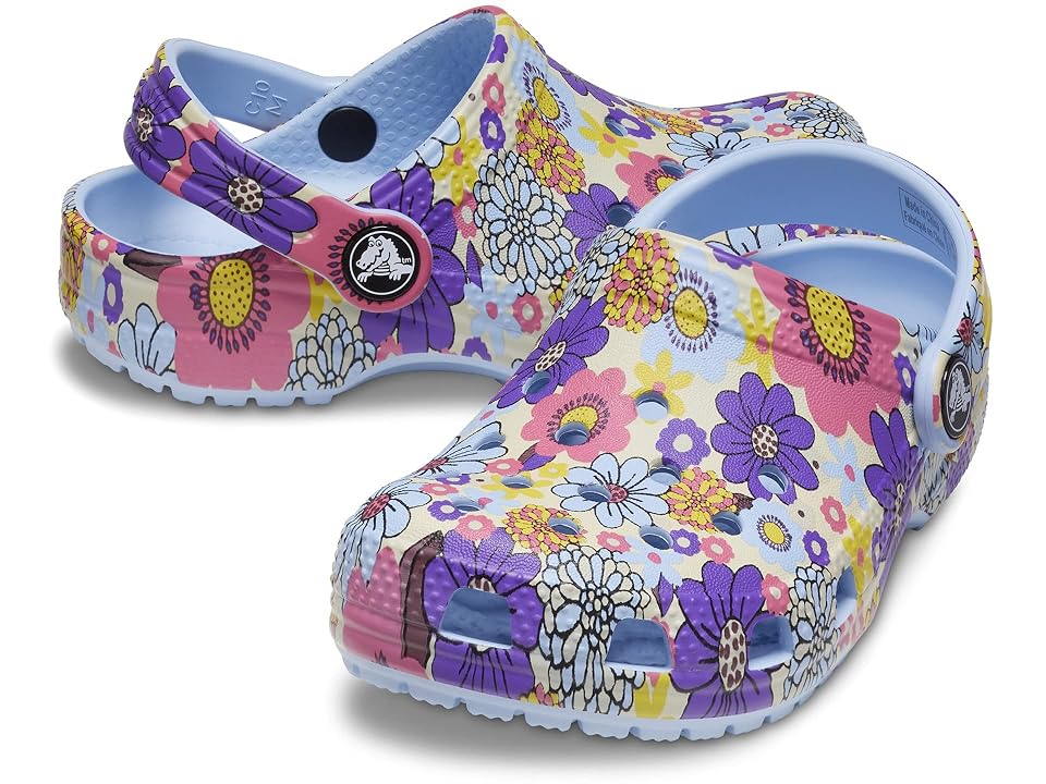 Crocs Kids Classic Clog - Seasonal Graphic (Little Kid/Big Kid) (Blue Calcite/Multi Retro Floral) Kid's Shoes INTERNATIONAL SHIPPING