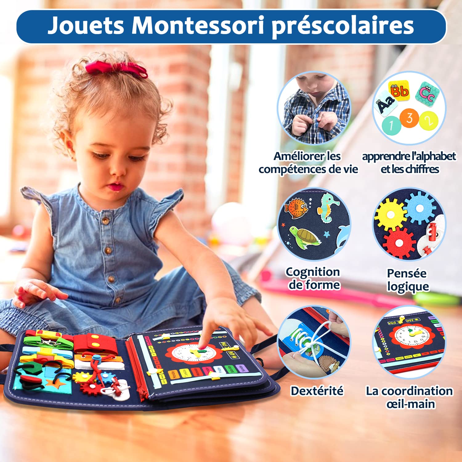 Busy Board Montessori Jouet éducatif sensoriel pour bébé dès 1 an, planche d 'activité, jouet de motricité et de voyage, cadeau pour garçons et filles