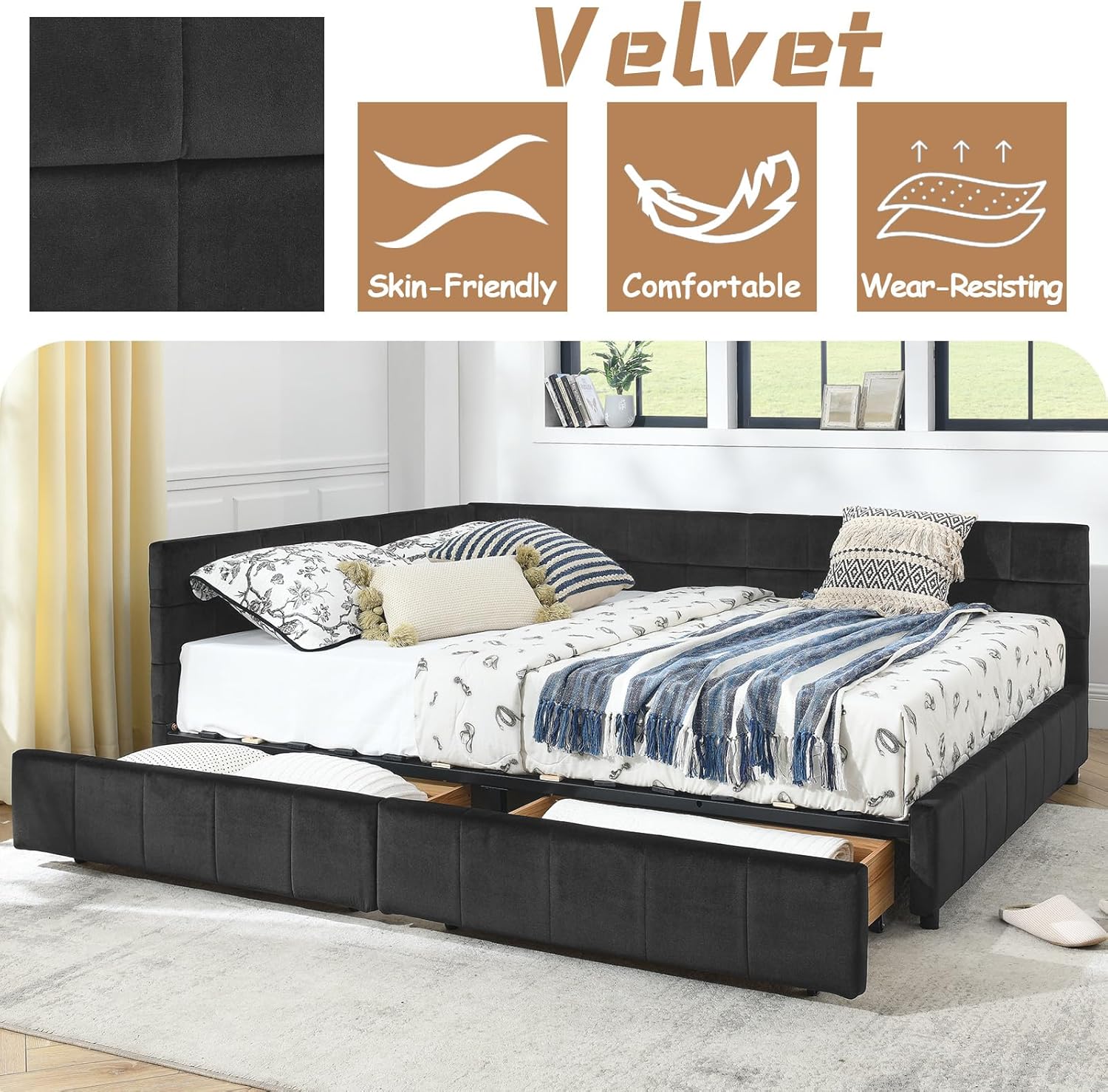 Velvet Corner Bed Frame Queen, Upholstered Corner Daybed with Drawers, Queen Size Day Bed Frame with Storage, Classic Tufted Design, Reversible Left Or Right (Black, Queen)
