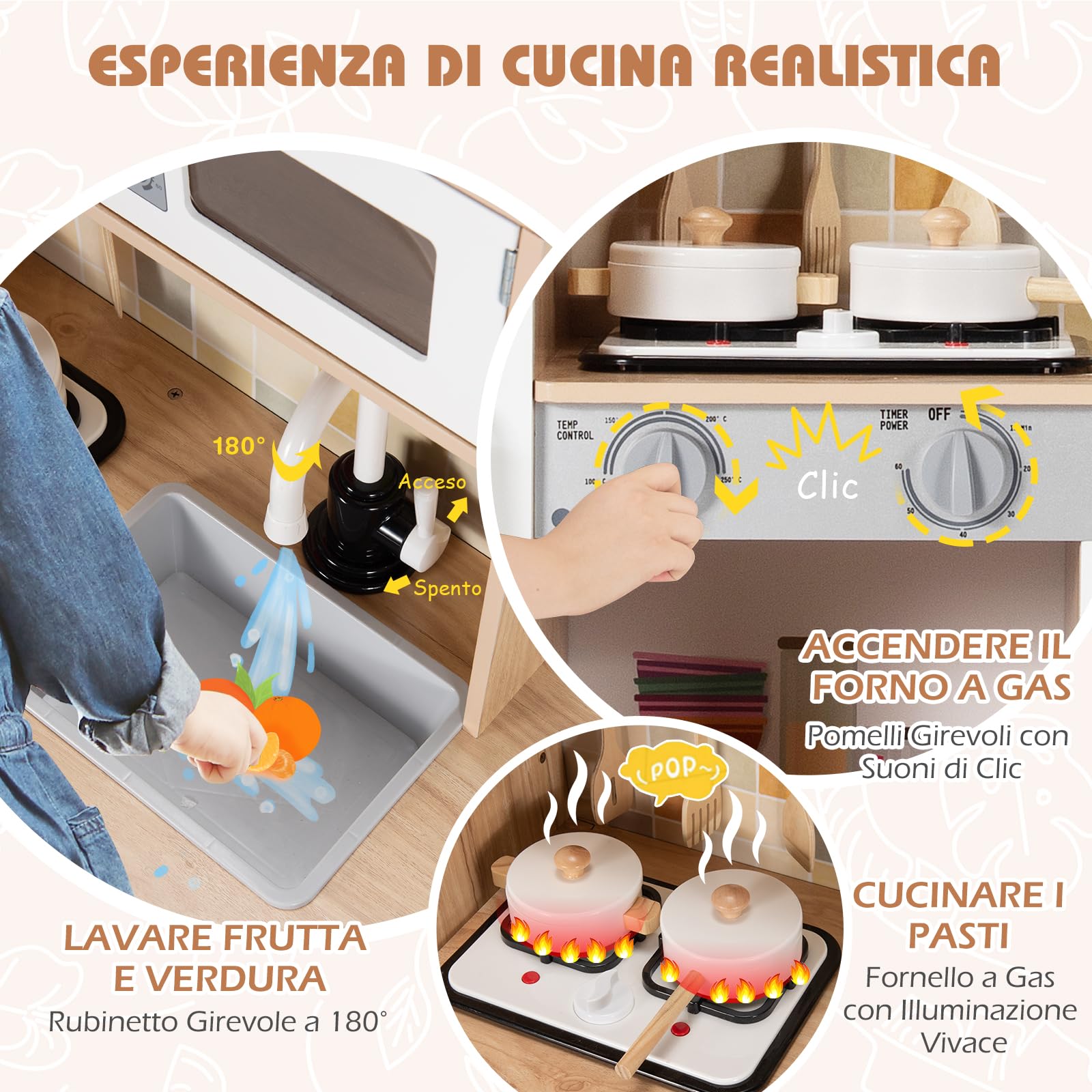 RELAX4LIFE Cucina Giocattolo in Legno per Bambini, Mini Cucina con Utensili da Cucina, Suoni e Luci Realistici, Giocattolo Educativo per Bambini 3+ Anni