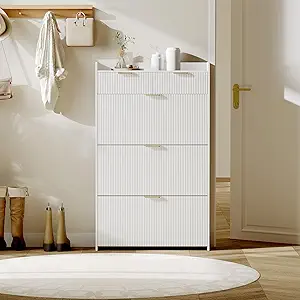 Garvee Shoe Storage Cabinet for Entryway with 2 Flip Drawers, 31.5" Fluted Slim Shoe Cabinet with Adjustable Shelf, Freestanding Wooden Rack Organizer for Hallway, White