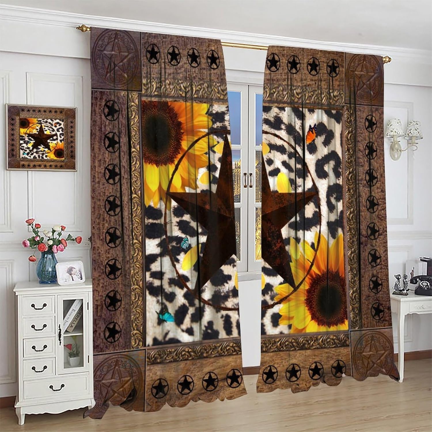 Rustic Texas Star Print Curtains - Vintage Western Cowboy Farm Floral Sunflowers Cow Butterfly Window Curtain Room Darkening Blackout Thermal Insulated Rod Pocket Curtains 2 Panels 63" L x 27.5" W