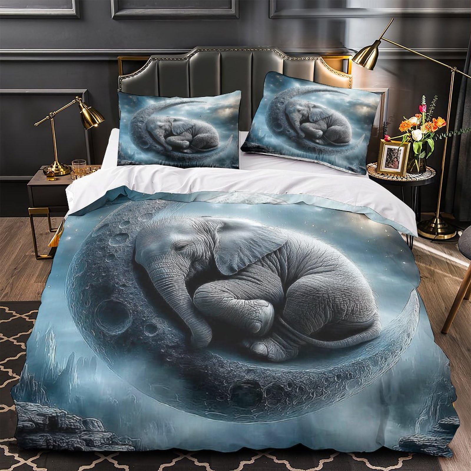 MMDASBVPE Sleeping Elephant Duvet Cover 3D Print Breathable 3-Piece Bed Set Hidden Zipper Comforter Cover Luxury Wrinkle-Resistant for Teens Adults Kids Women Girls Boys Youth King（220x240cm）