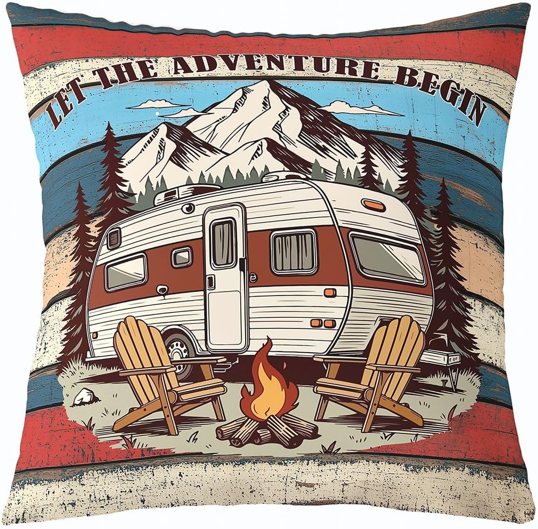 Homewish Retro Camper Van Throw Pillow Cover,Camping Theme Double Sides Pillow Case for Kids Boys Teens Adult,Bonfire Home Decor,Camping Chair Couch Sofa Cushion Cover,18" x 18" (Pack of 1)