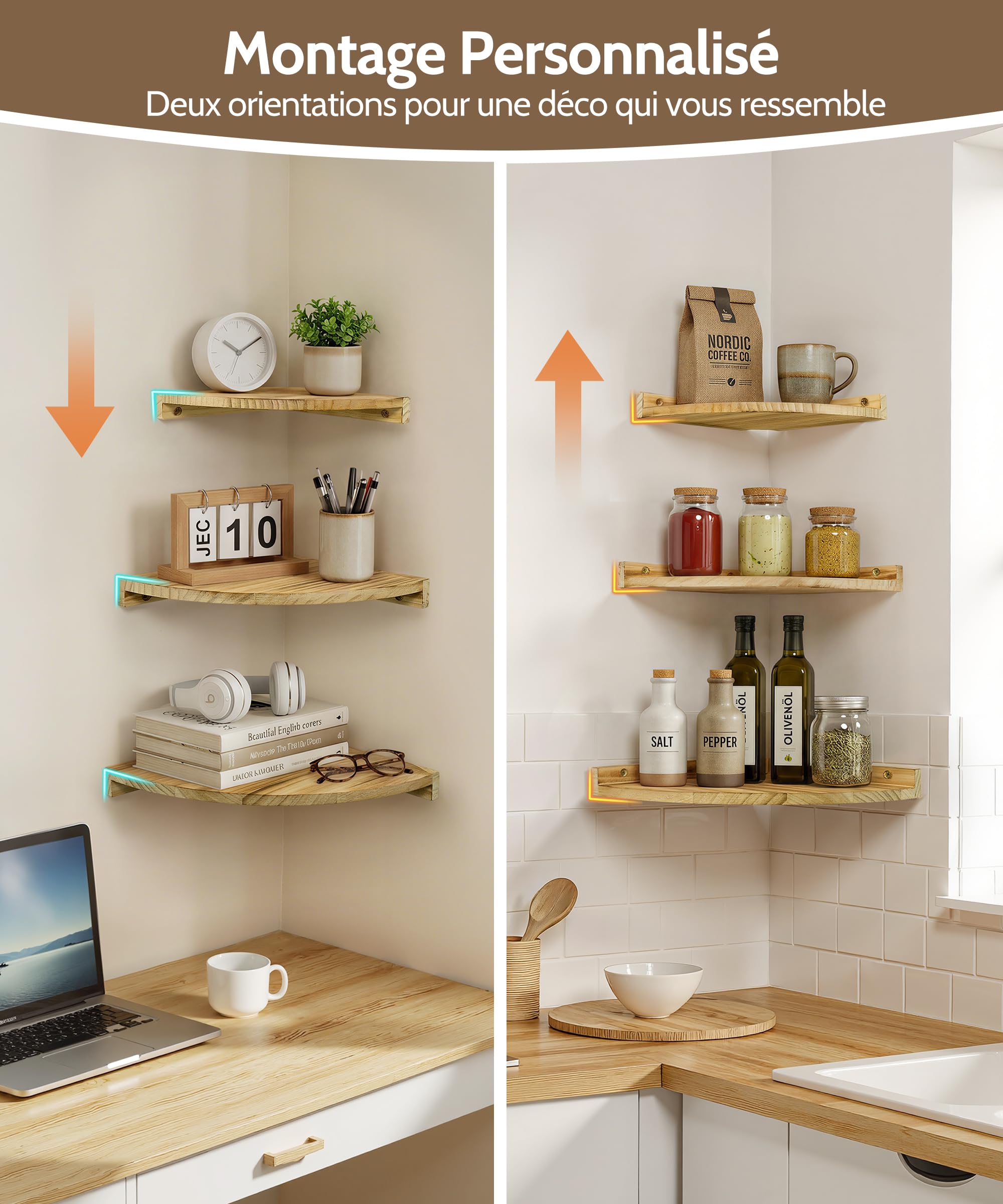 Étagères d’Angle Murales en Bois Style Vintage pour Salon Lot de 3 | Tablettes indépendantes suspendues, Passe-câble arrière,pour plantes, cadres et déco, salle de bain, cuisine, chambre