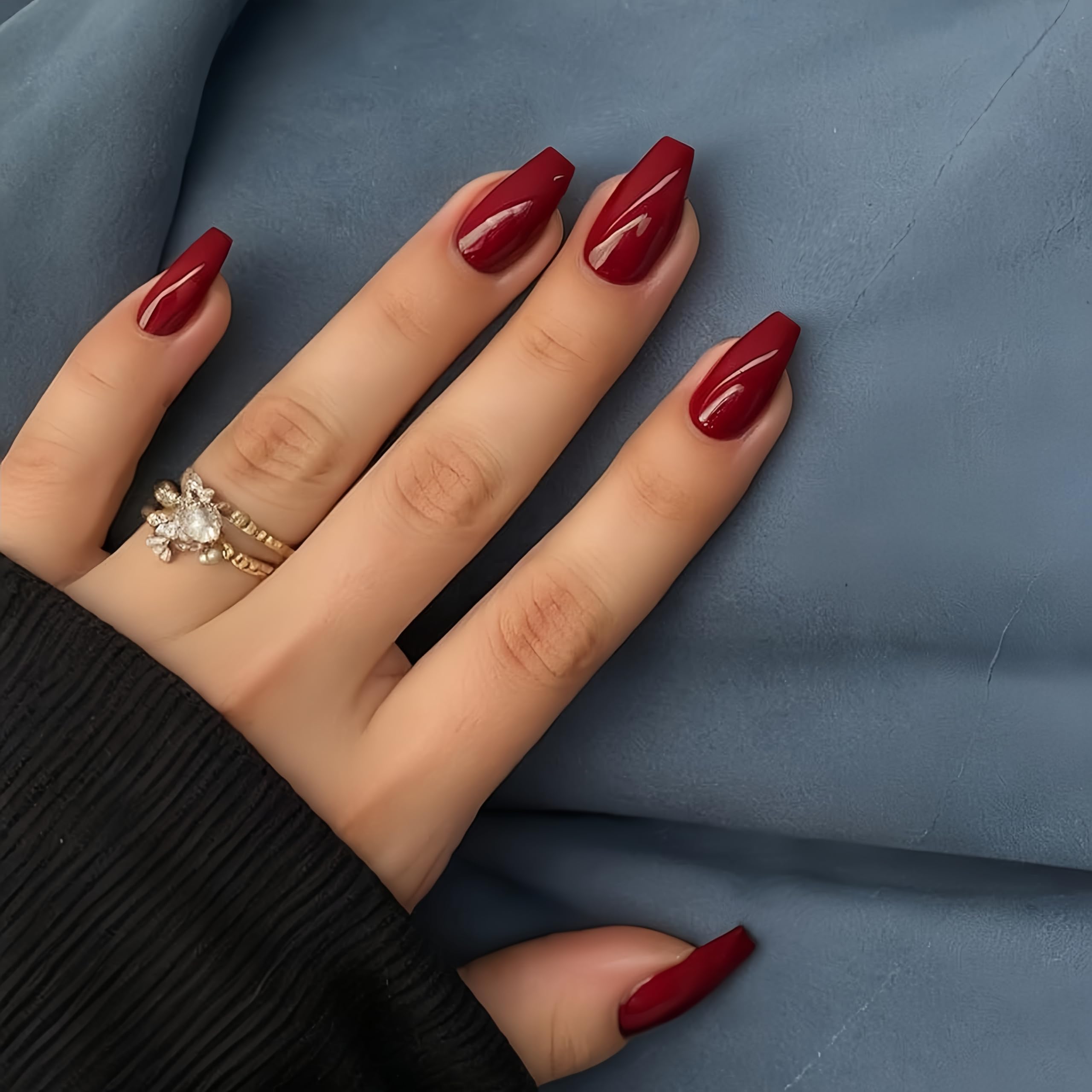 KQueenest Acrylic Press on Nails Short Medium Coffin, Wine Red False Nails Short Ballerina - Image 3