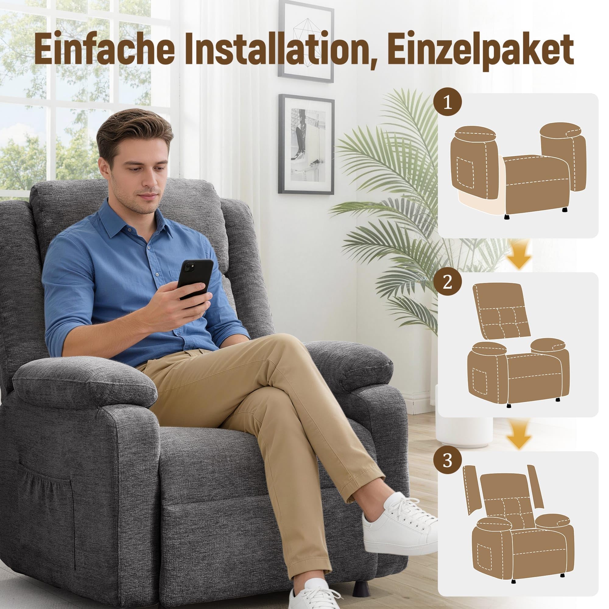 Korser Fernsehsessel Elektrisch Verstellbar für Erwachsene, Oversized Relaxsessel mit Liegefunktion und Dicken Kissen, TV Sessel aus Chenille-Stoff für Wohnzimmer und Schlafzimmer (Grau)