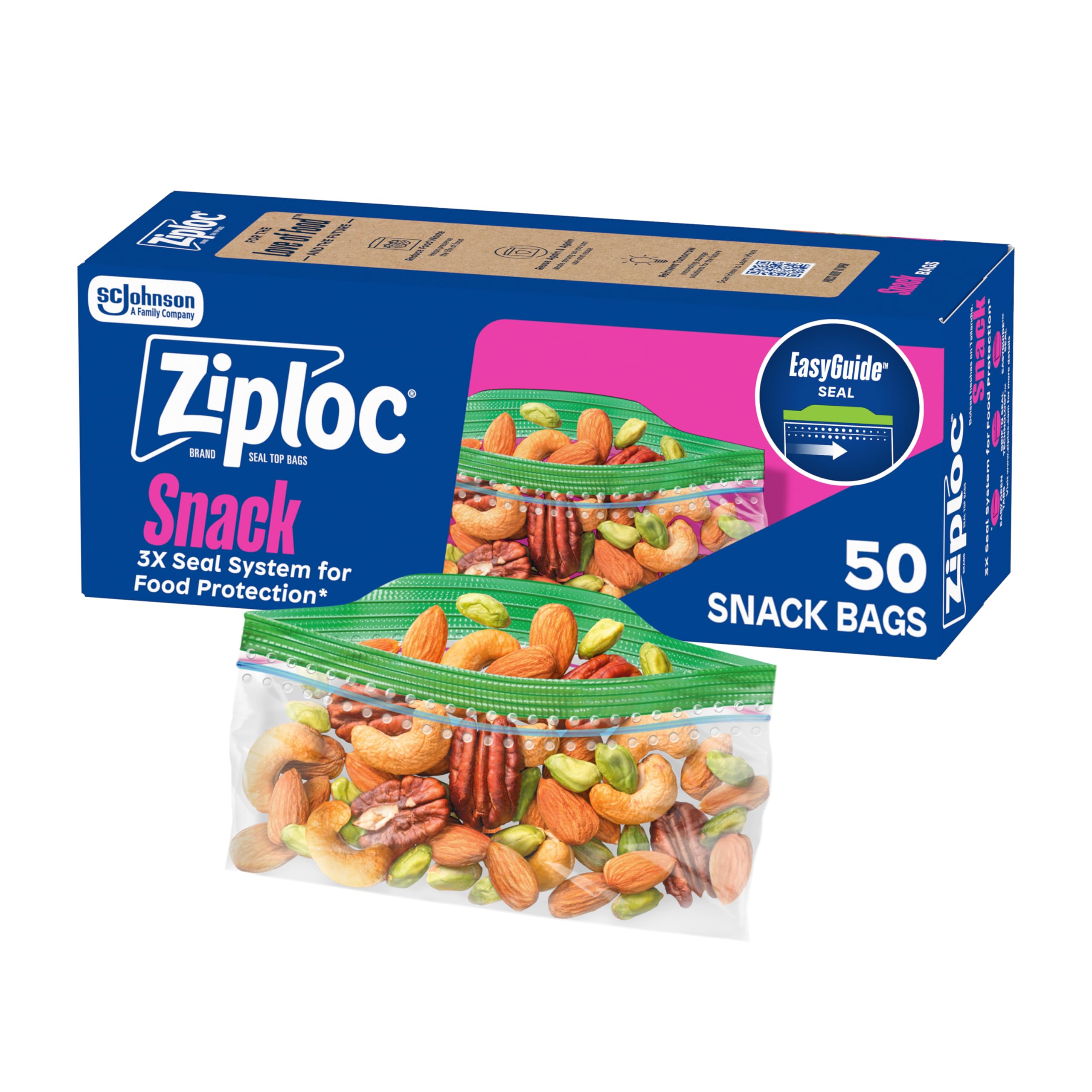 Ziploc Snack Bags with EasyGuide Texture, Small Plastic Storage Bags with Grip 'N Seal Technology, 50 Bags Total 50 Count