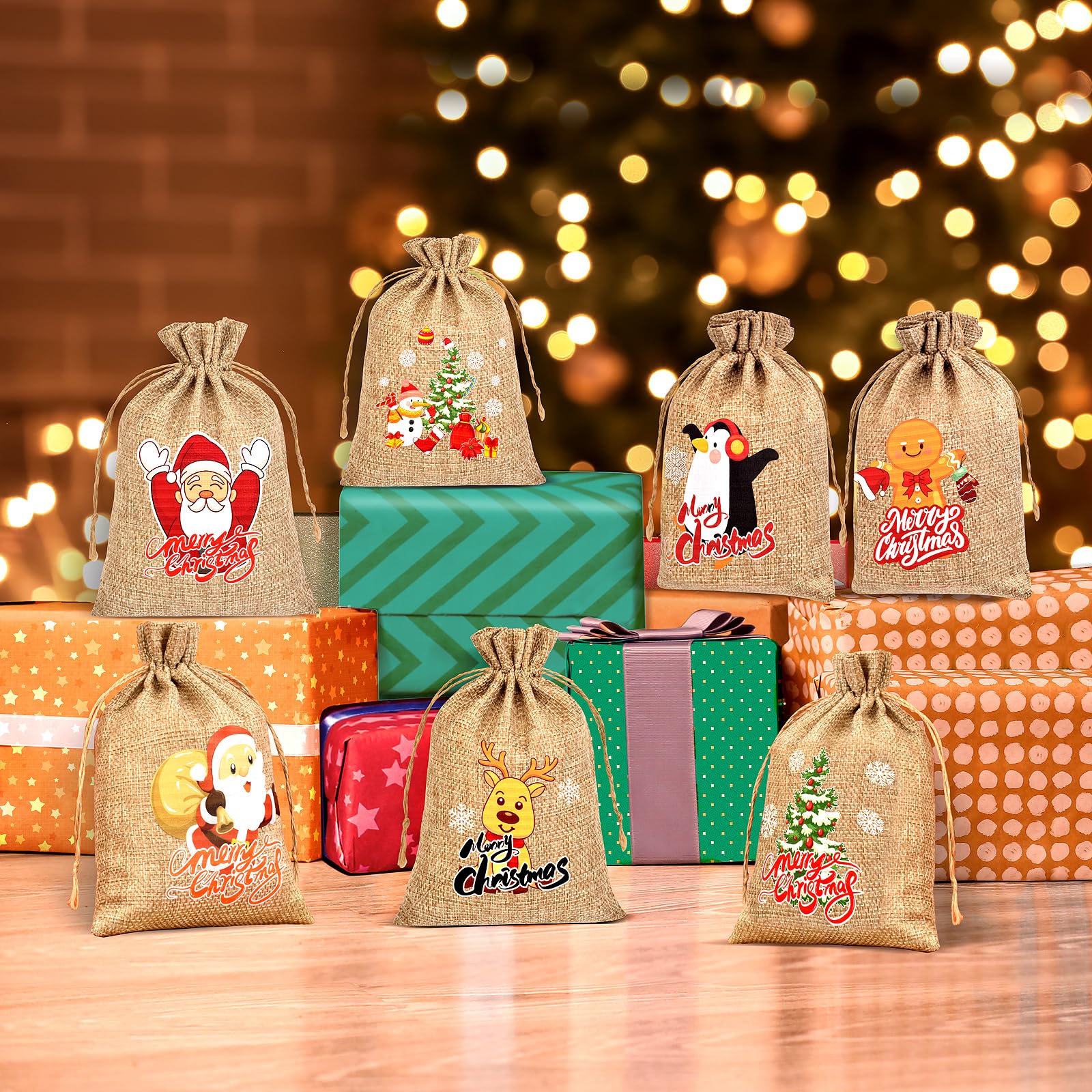 24 Christmas Burlap Gift Bags - 7x5 Inch Drawstring Treat Bags With Stickers & Rope