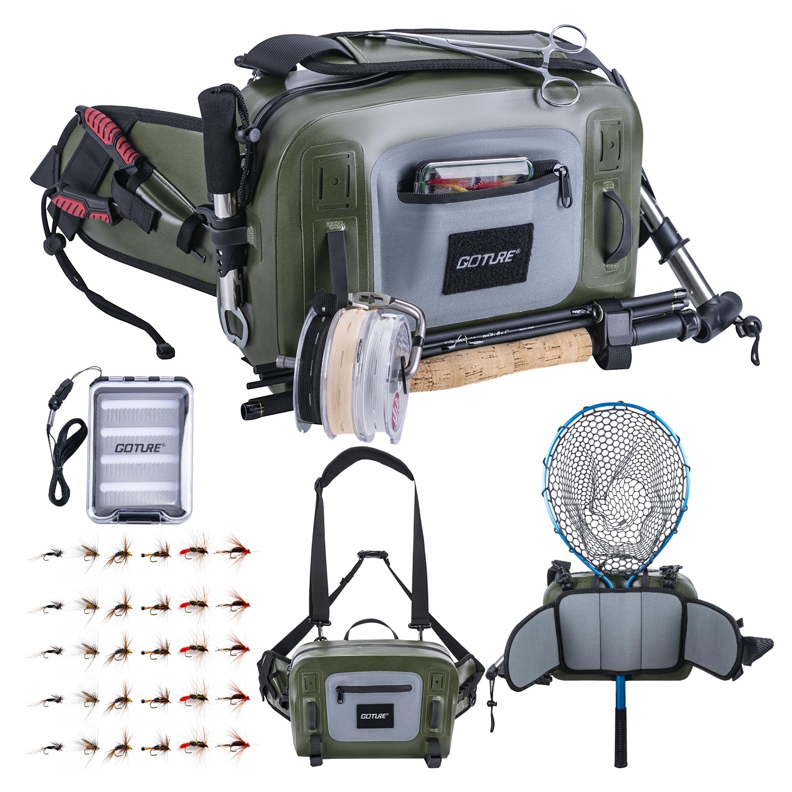 Goture Waterproof Fishing Waist Pack,IPX8 840D TPU Large Tackle Bag with Rod Holder,Airtight Zipper Closure,Detachable Water Bottle Holder, 10L Fly Fishing Bag with Adjustable Strap,Sling Fanny Pack