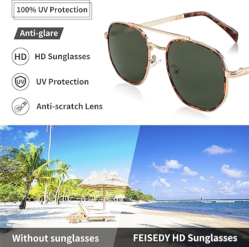 Miniatura 10 de FEISEDY Lentes de sol retro de gran tamaño para hombres y mujeres estilo aviador cuadrados estilo vintage Pilot de los años 70 B2935 61mm