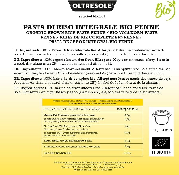 Oltresole, Pâtes de riz complet italien biologique, format Penne, pâtes avec 100% de farine de riz complet provenant de l'agriculture biologique italienne, sans gluten, paquet de 3 paquets de 350 g - 2