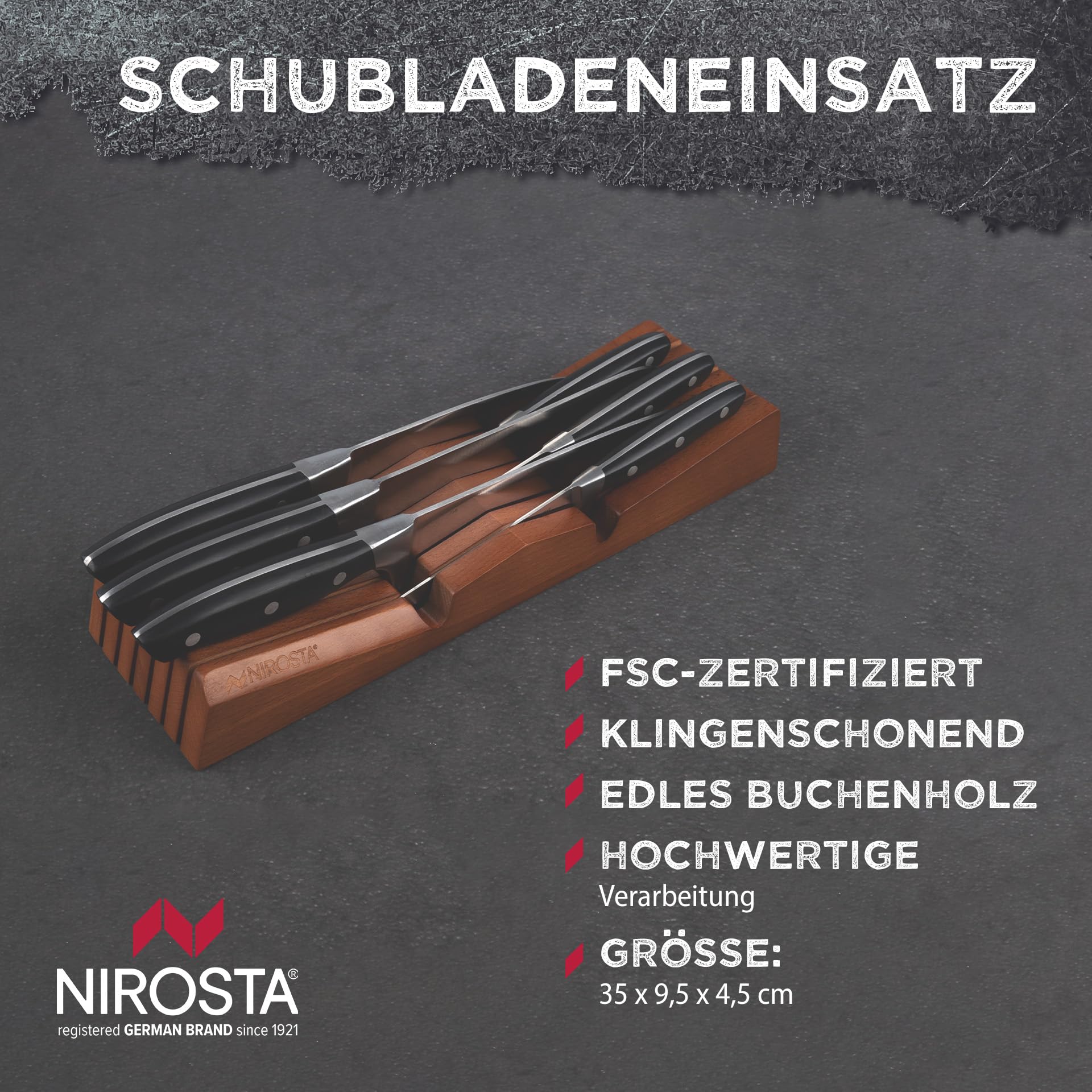 Nirosta Inserto per cassetto per coltelli in legno di faggio sostenibile – Inserto per coltello vuoto per cassetto con spazio per 6 coltelli, protegge le lame dei tuoi coltelli da cucina