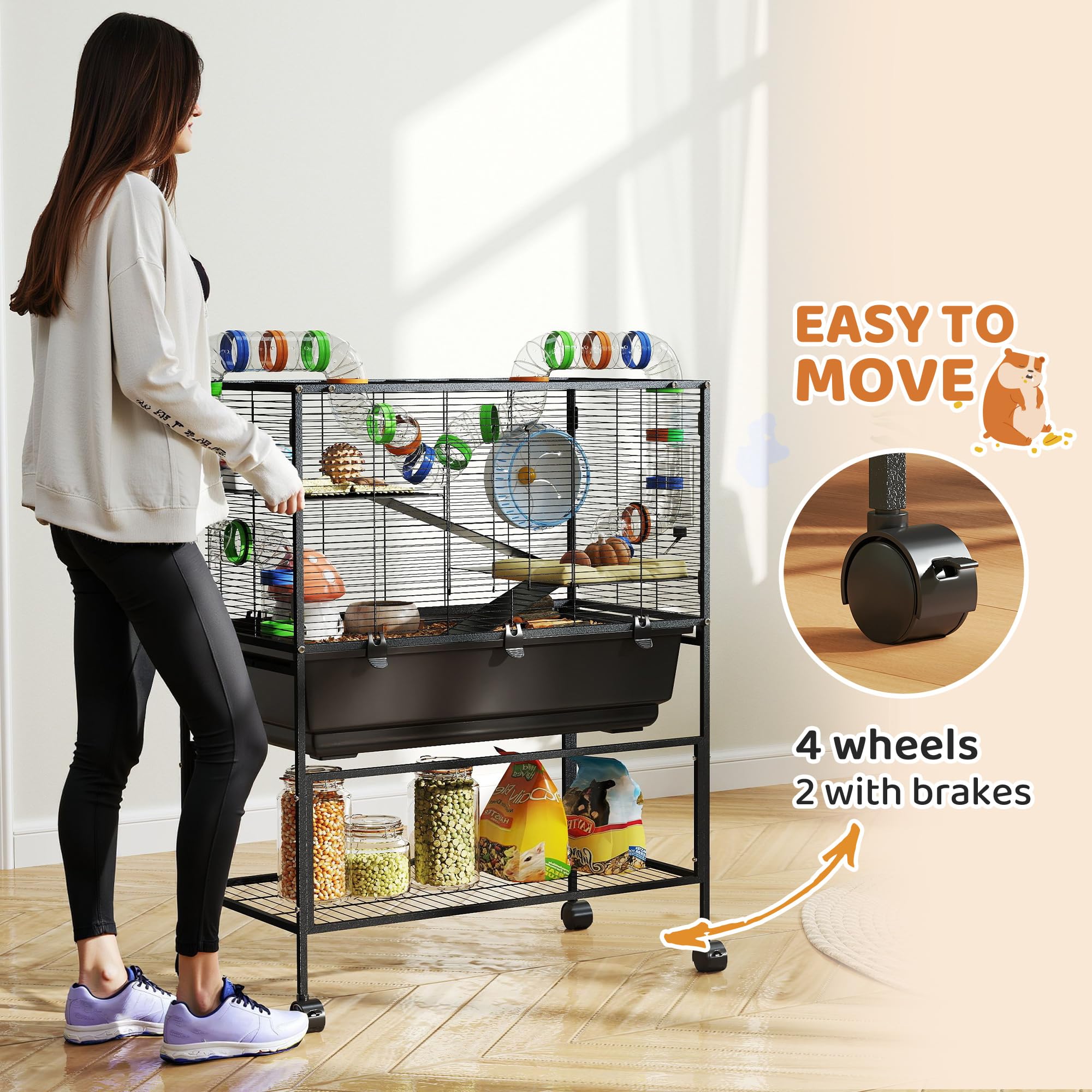 PawHut Hamster Cage, 3 Tier Large Gerbil Cage on Wheels with 17 cm Deep Tray, Storage Shelf, Big Exercise Wheel, Tube System, Hut, Platforms, Ramps, Food Dish, Water Bottle, for Syrian Hamsters, Rats