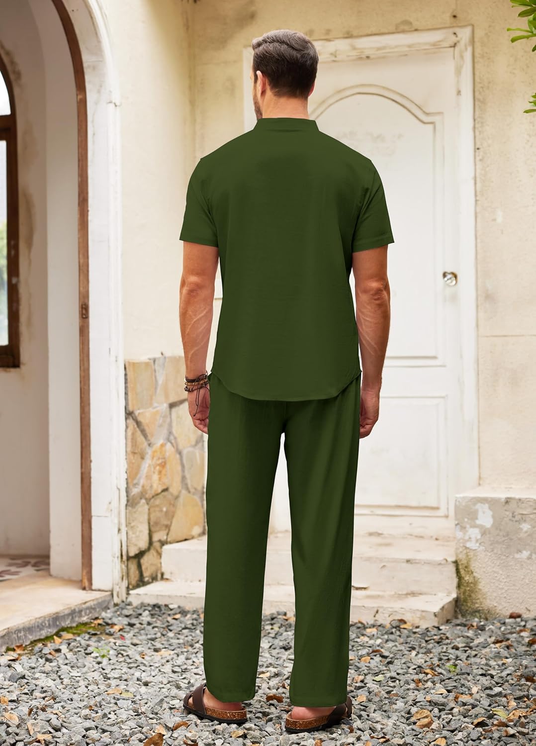 COOFANDY Men's 2 Pieces Cotton Linen Set Casual Short Sleeve Henley Shirts Beach Yoga Pants Summer Outfits - Image 8