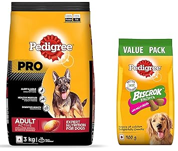 Pedigree PRO Expert Nutrition Active Adult Large Breed Dog (18 Months Onwards) Dry Dog Food, 3kg Pack & Pedigree All Life Stages Biscrok Biscuits (Above 4 Months), Milk and Chicken Flavor, 900g Pack