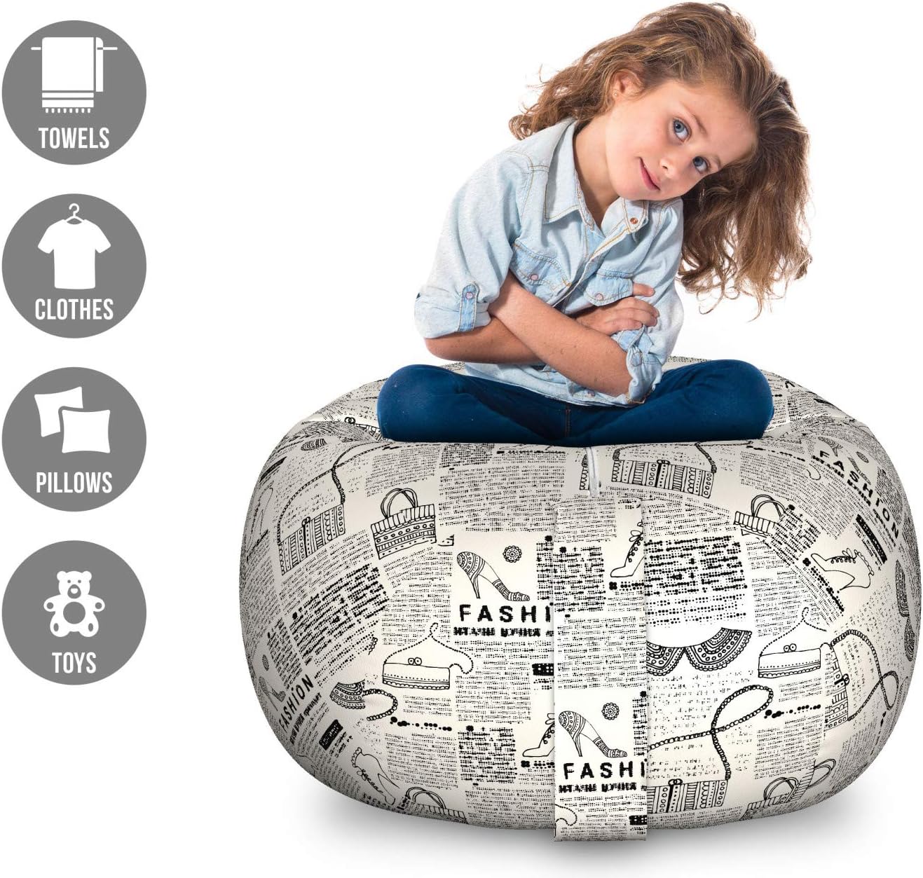 Lunarable Old Newspaper Storage Toy Bag Chair, Vintage Fashion Themed Shoes Handbag Purses with Ornate Details Retro, Stuffed Animal Organizer Washable Bag, Large Size, Black Cream