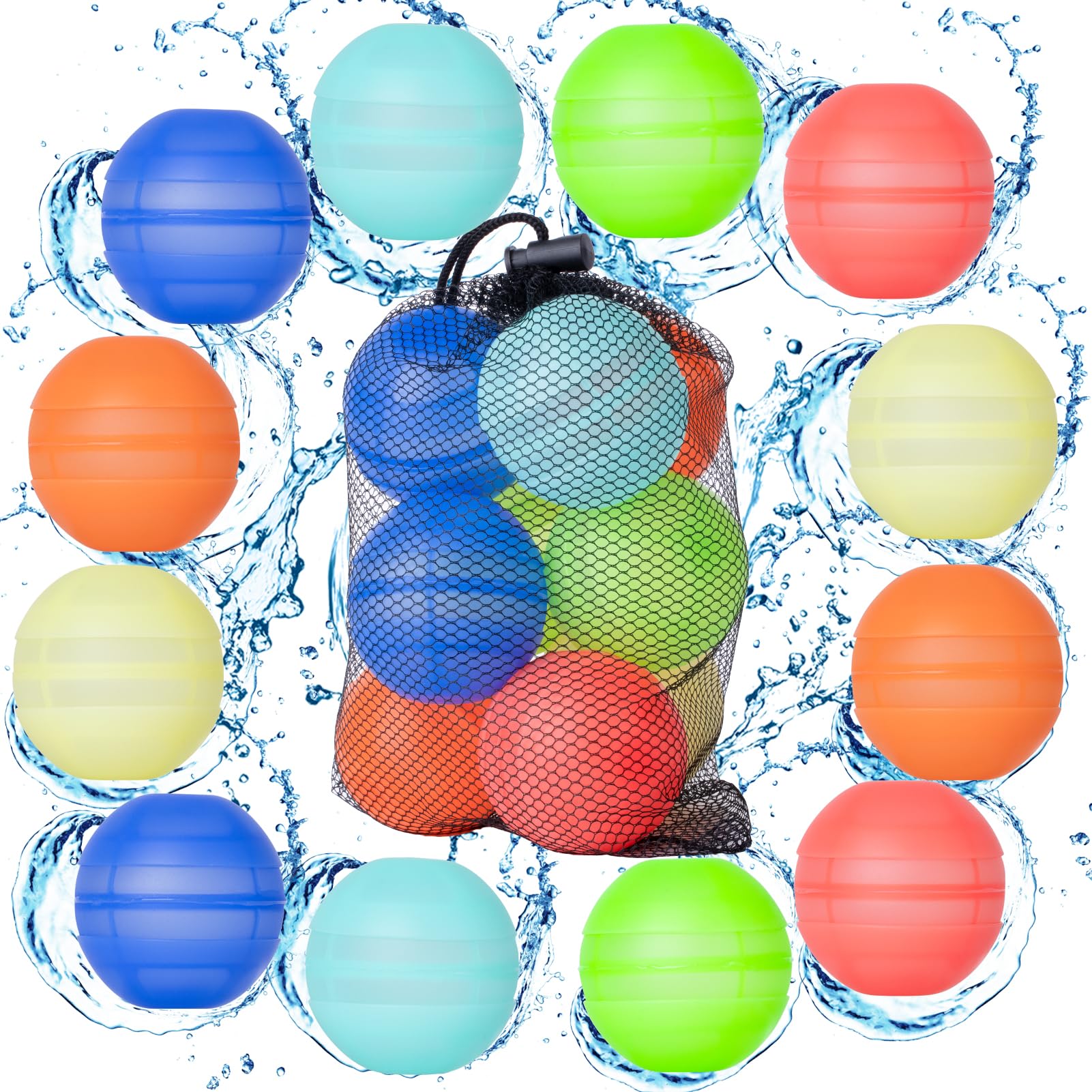 YOSTAR Reusable Water Balloons 12PCS, Quick Fill Self Sealing Water Bombs, Refillable Silicone Water Balls, Summer Outdoor Water Toys for Kids Adults, Pool Beach Garden Party Games with Mesh Bag
