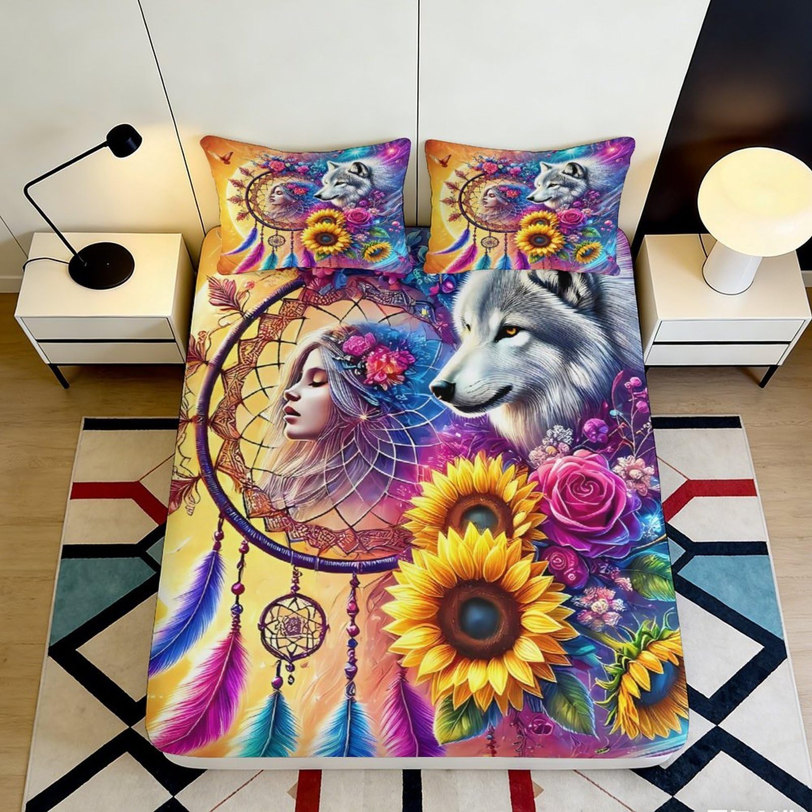 3D Printed Dreamcatcher Wolf Fitted Sheet Microfiber Sunflower Feather Bed Cover for Bedroom Dorm Home Decor 90x200x25cm