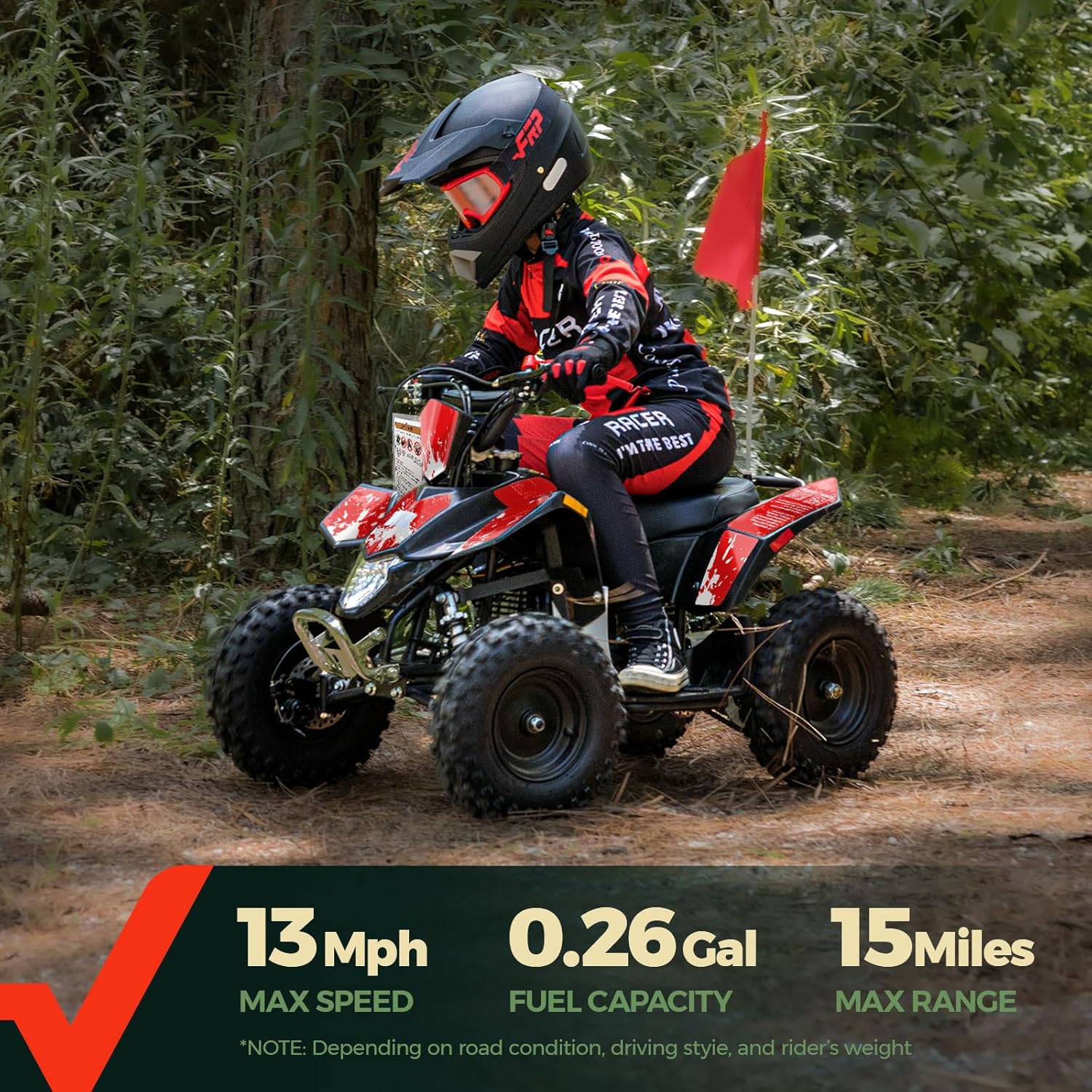 FRP Sahara 40 Kids Mini ATV, 40 CC 4-Stroke 4 Wheeler with Gloves, Goggle and Neck Gaiter, Speed Control Kill Switch Weight Support Up to 143 LBS (RED-M)