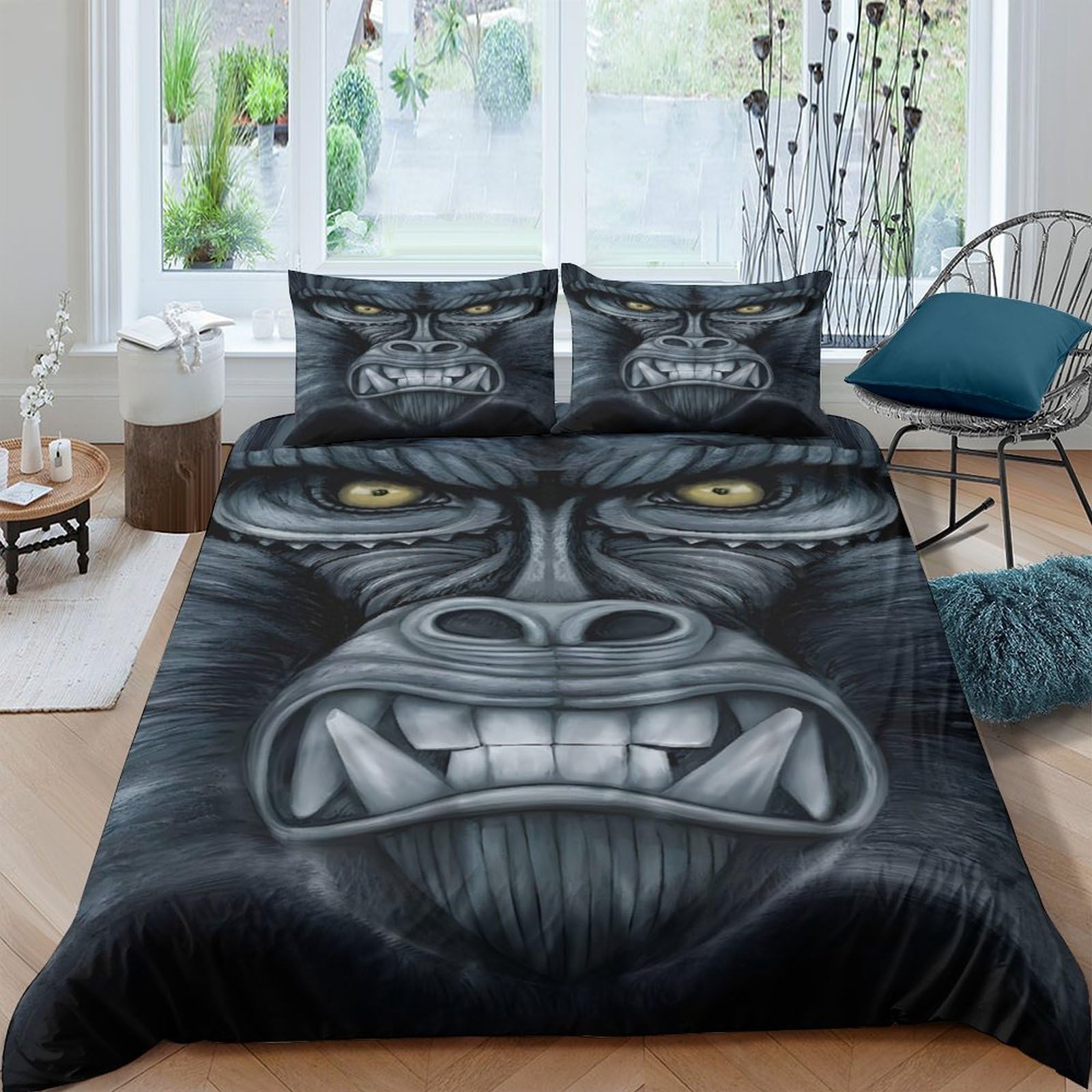 Ctjqhvkz Style-2 3D Printed Fierce Gorilla Fitted Sheet Microfiber Soft Black Wild Animal Mattress Cover For Bedroom Guest Room Decor Single（135X200cm）