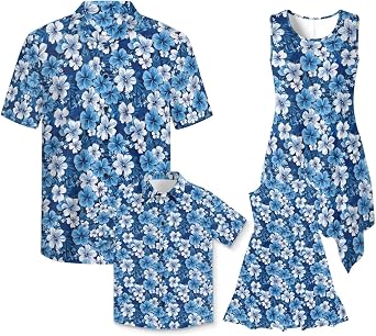 Family Matching Hawaiian Outfits Casual Vacation Dresses for Mommy and Me Button-Down Shirts for Father and Son
