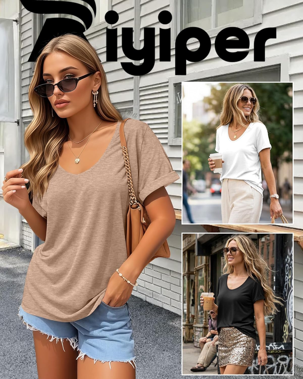 Riyiper 3 Pack Women's V Neck Shirt, Summer Rolled Sleeve Solid Tops Casual Loose Tees Lightweight Basic Soft Tshirt - Image 3