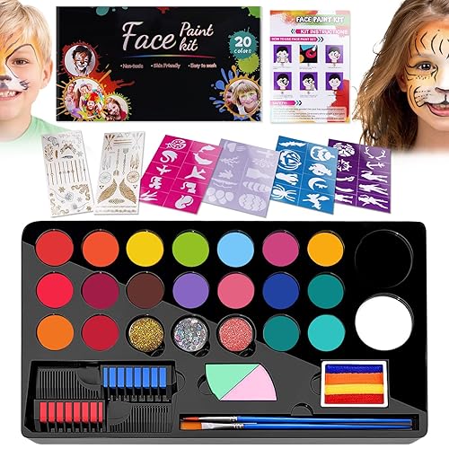 Kit profesional de pintura facial de 20 colores, paleta de aceite, paleta de pintura facial de neón con 10 pinceles para Halloween, efectos