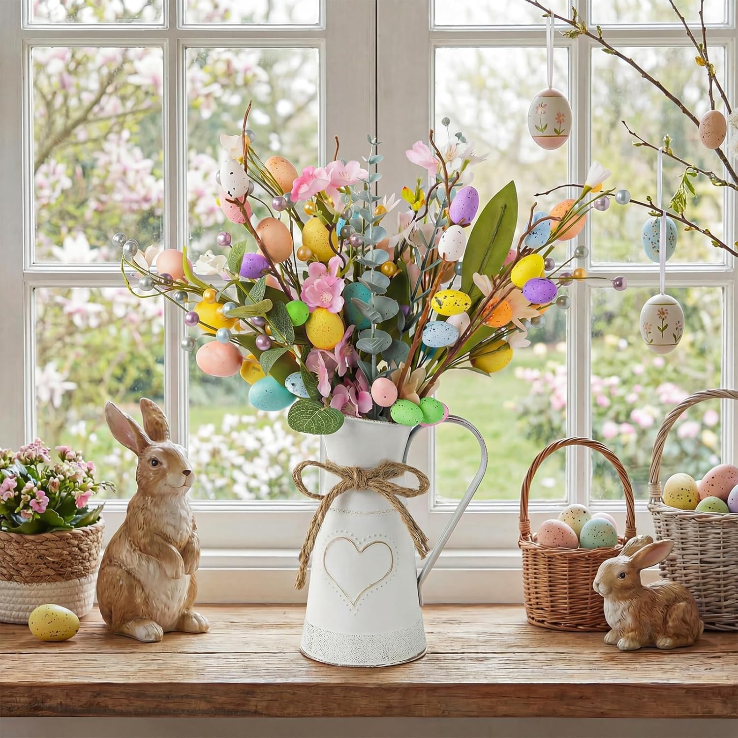 Easter Decorations: Rustic Easter Flowers Artificial Easter Eggs with Metal Pitcher Vase, Table Centerpieces Floral Arrangements, Farmhouse Spring Decorations for Home Kitchen Mantel Fireplace Decor