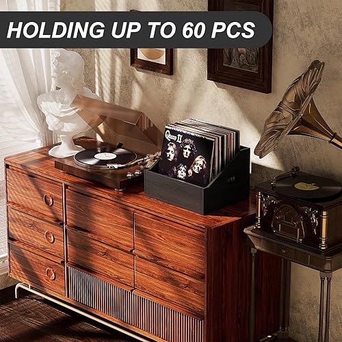 Miniatura 4 de Paquete de 2 cajas de almacenamiento de discos de vinilo de madera, caja de vinilo retro y duradera, caja de almacenamiento de discos para más de 60