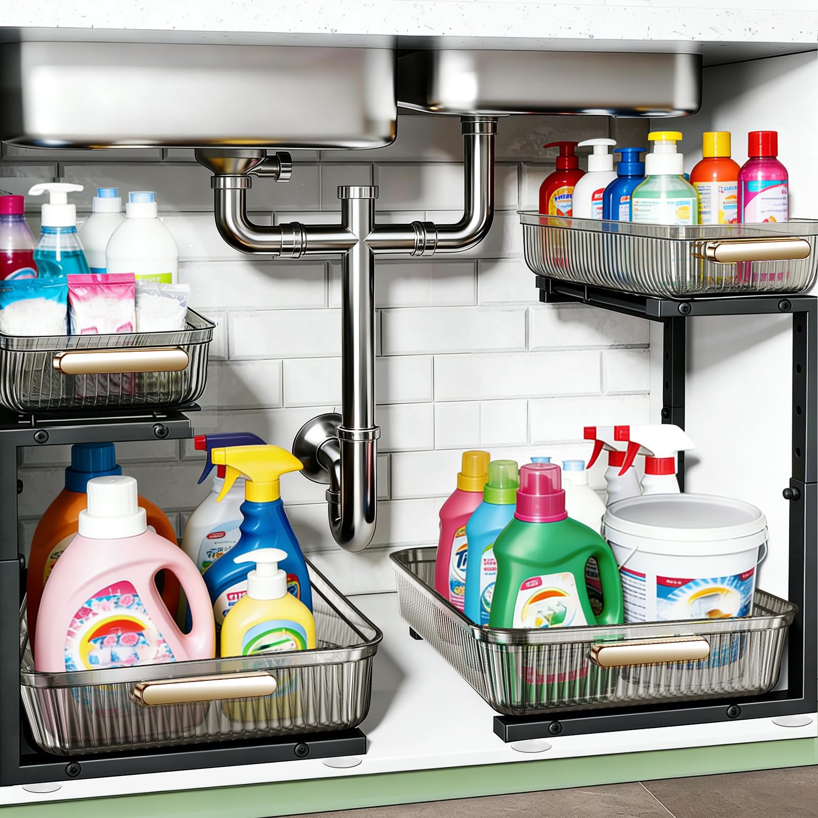 Photo 1 of ARSTPEOE Under Sink Organizer - 2 Packs Multi-Purpose Pull-Out Storage Organizers, Slide out Pull out Cabinet Organizer Shelf, Storage for Kitchen Bathroom, Clear