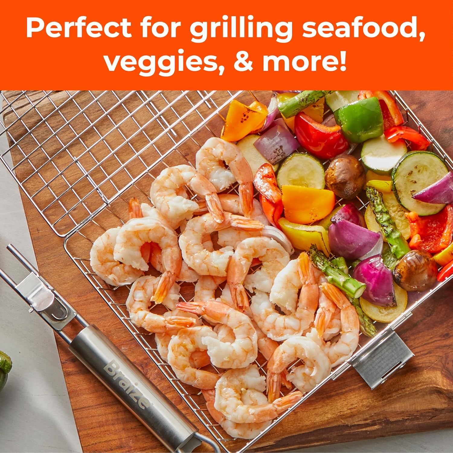 Stainless Steel Large Grill Basket with Removable Handle – 12.25 x 9.5 x 1.5 Inch BBQ Vegetable Basket with Easy Open Lid, Silicone Basting Brush & Scrub Sponge – Outdoor Cooking & Camping Accessory