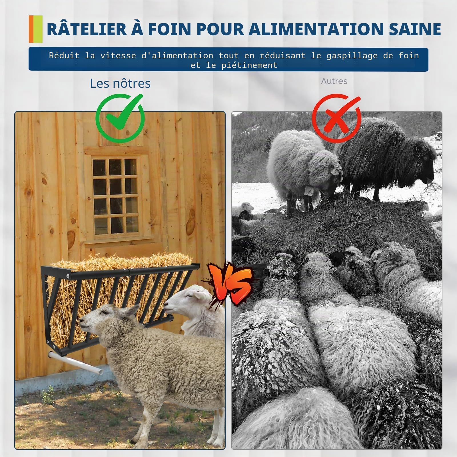 Garvee Support à Foin Robuste En Acier – Mangeoire Panneaue Anti-Rouille Grand Capacité – Pour Chevaux, Moutons, Chèvres Et Bovins – Idéal écurie, Ferme, Paddock – Installation Facile, 95L