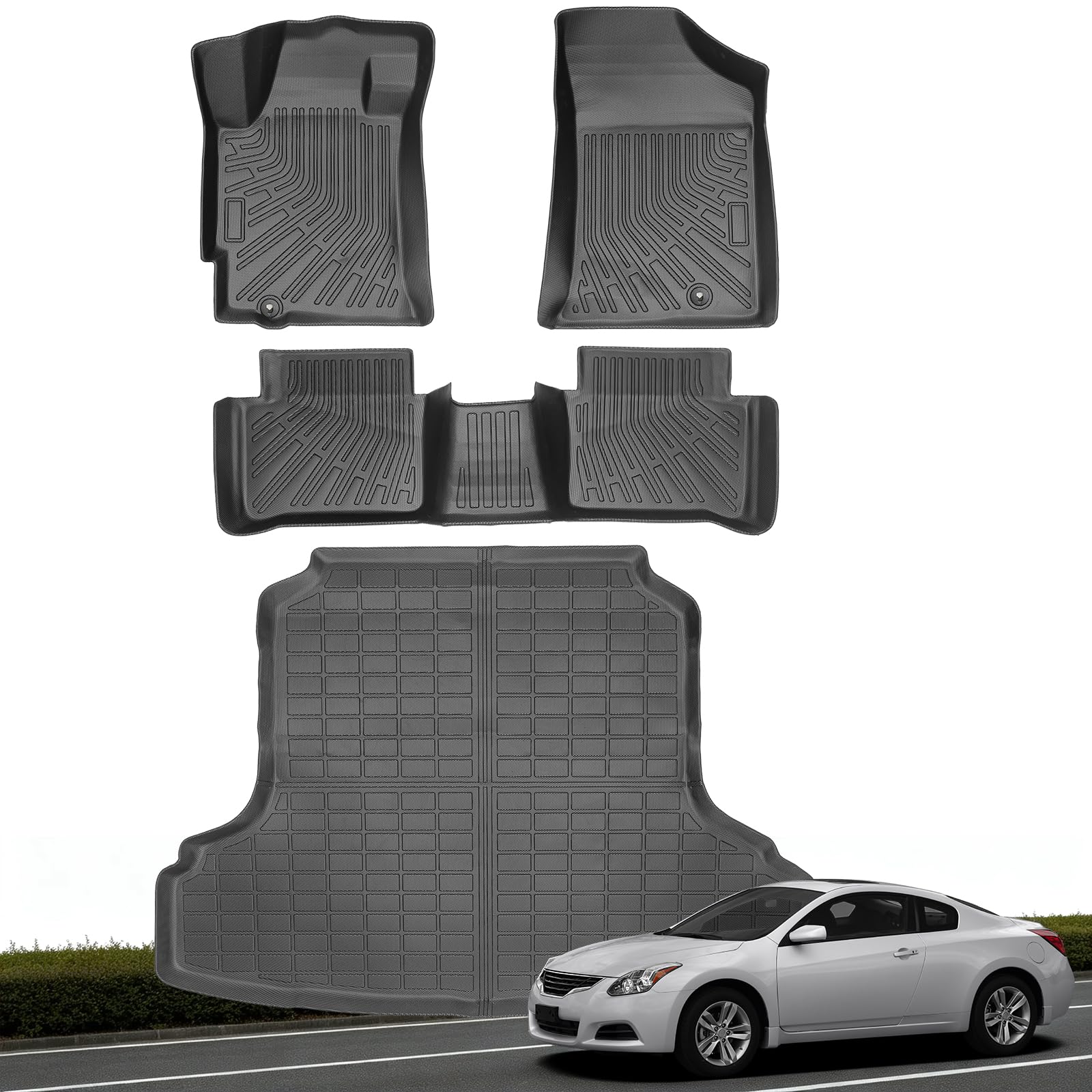 Floor Mats & Cargo Liner for Nissan Altima 2012 2011 2010 2009 2008 2007, All Weather TPE Floor Liners Custom Fit Altima Heavy Duty Car Mats 1st & 2nd Row & Trunk Mat Accessories Black