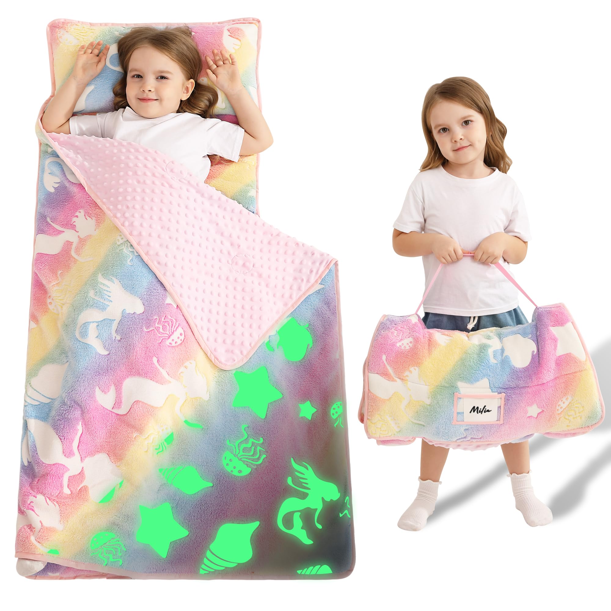 Lasoftan Toddler Nap Mat with Pillow and Blanket, Extra Large Rolled Napping Mats,Slumber Bags for Boys Girls,Kids Sleeping Bag for Daycare, Preschool Travel Camping