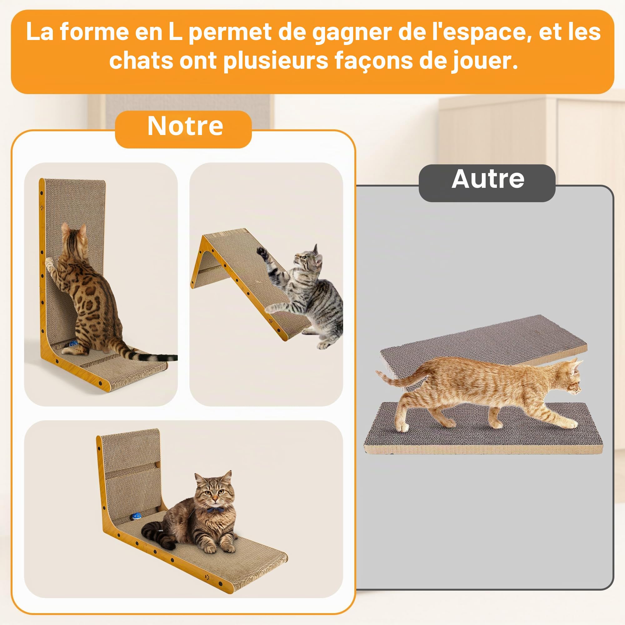 Griffoir pour Chat - Grattoir Chat 70 cm en Forme de L avec Jouet - Tapis à Griffes en Carton Ondulé Haute Densité - pour Mur et Canapé