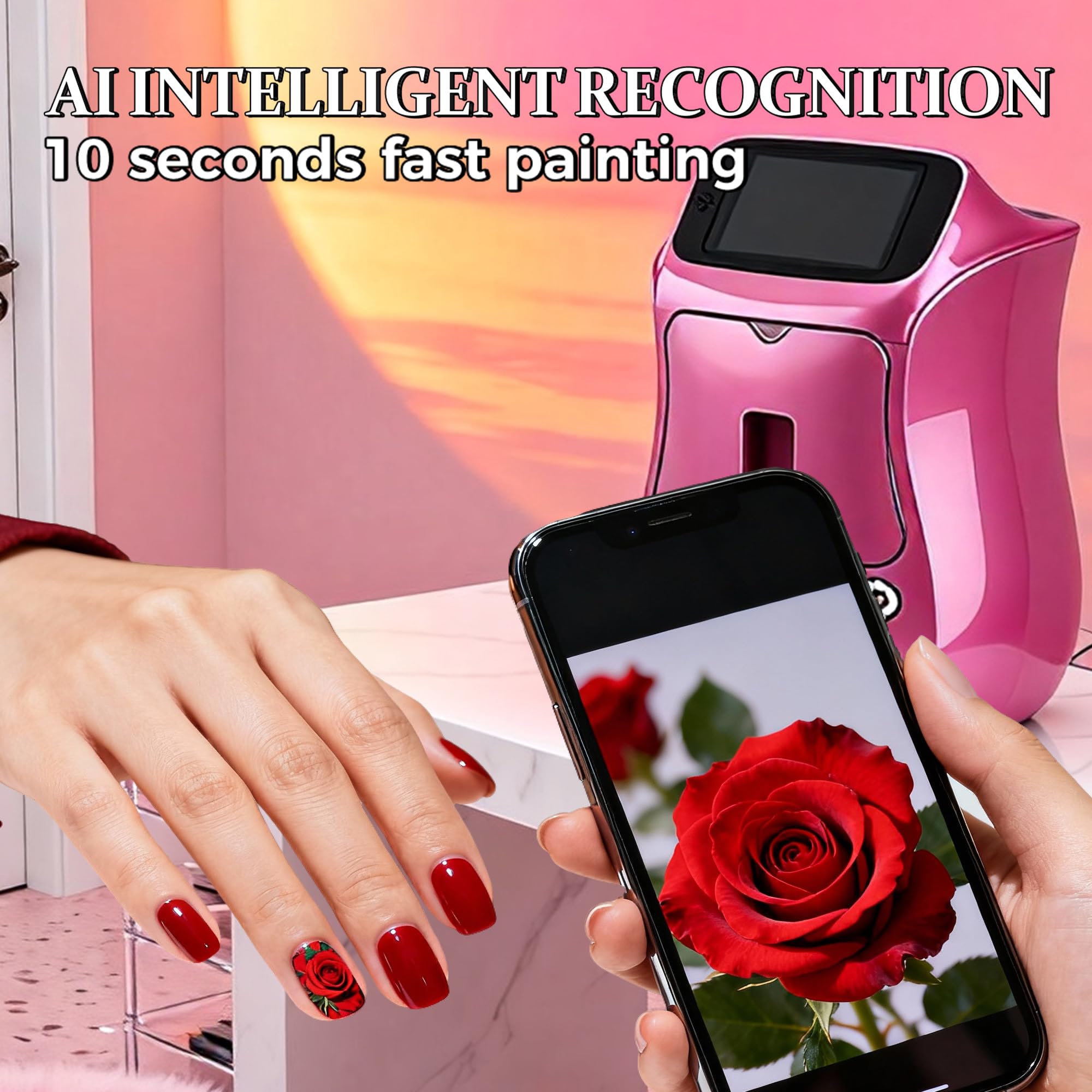 Stampante per Unghie Gel, Stampante per Unghie Elettrica, Disegno rapido 10s, Stampante per Unghie con App e Bluetooth, Stampante per Unghie Professionale, per DIY,Studi per Unghie Pink