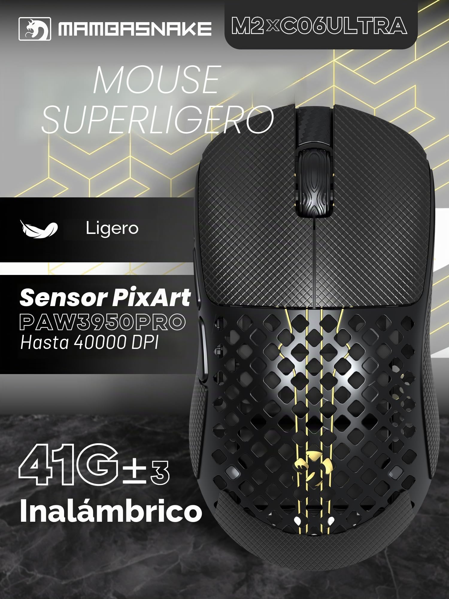 MAMBASNAKE M2 Ultra-Lightweight Wireless Gaming Mouse, PAW3395PRO Sensor 40000 dpi, 41g Carbon Fiber, Mouse Coiled Cable, Tri-Mode 2.4G/Bluetooth/Wired, 100M Clicks, Cloud Driver, Ergonomic Design