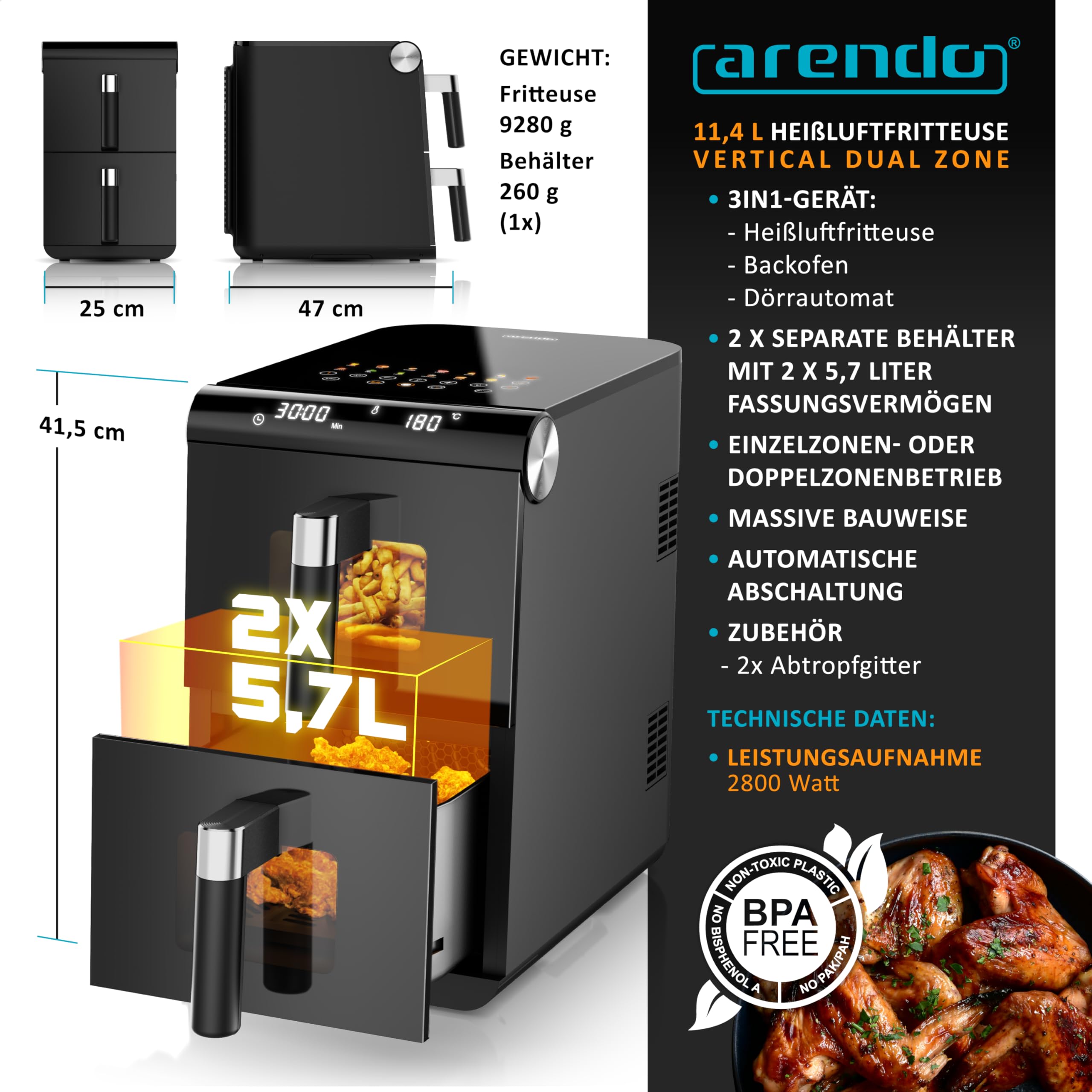 Arendo - Heißluftfritteuse XXL Dual Zone 2 Kammern – 11,4L Kapazität – 2 Zonen – Airfryer Doppelkammer mit Sichtfenster – 13 Programme – BPA-frei - 3D Umluftsystem - Sync und Match-Funktion