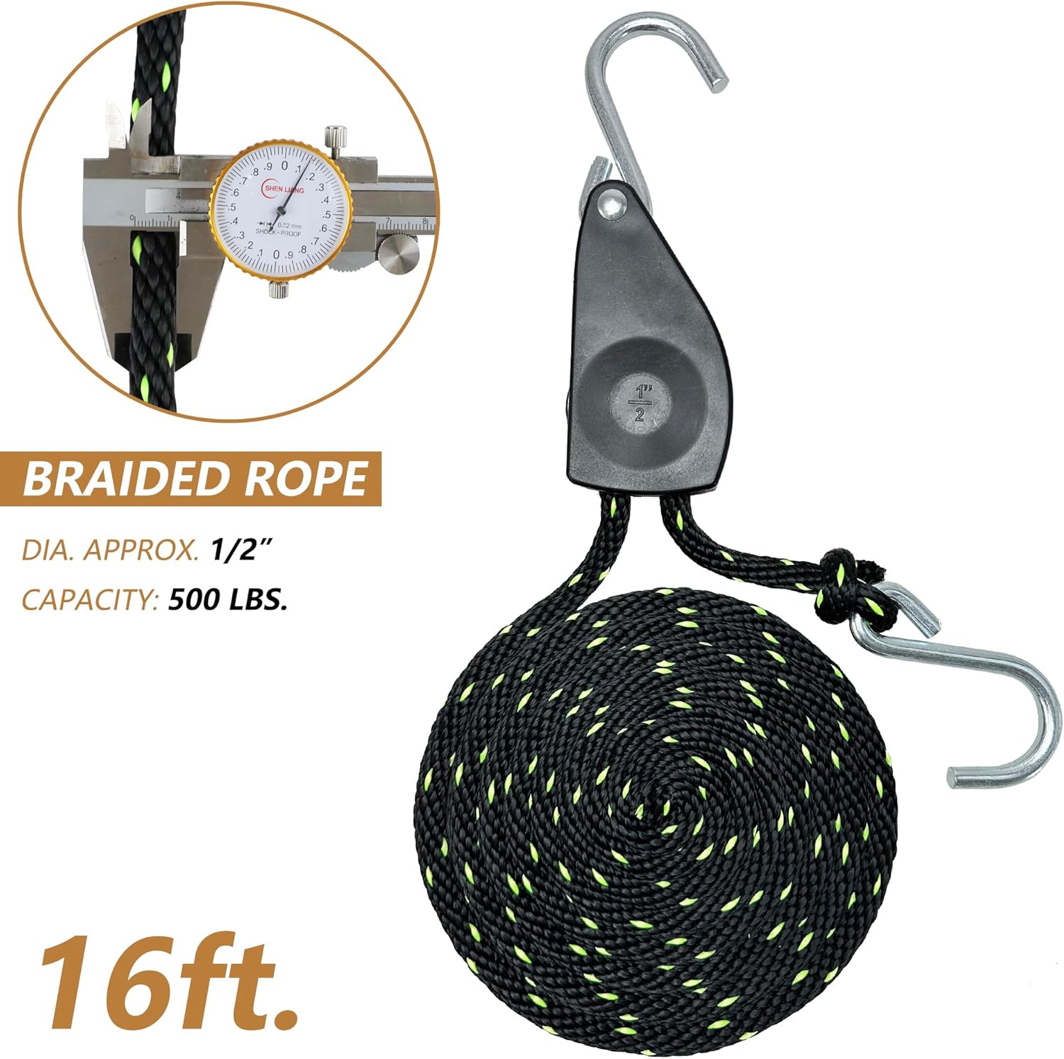 1/2” x 16ft. Tie Down Rope, Heavy-Duty Braided Locking Ratchet Pulley with 4” Carabiner for Kayak Bow and Stern Secure – 1 Pair - Image 2