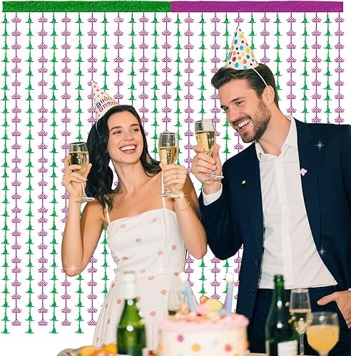 Miniatura 4 de Decoraciones de fiesta de bruja, 3.3 x 6.6 pies, cortinas de flecos de papel de aluminio de oropel rosa y verde, telón de fondo, accesorios de fotos