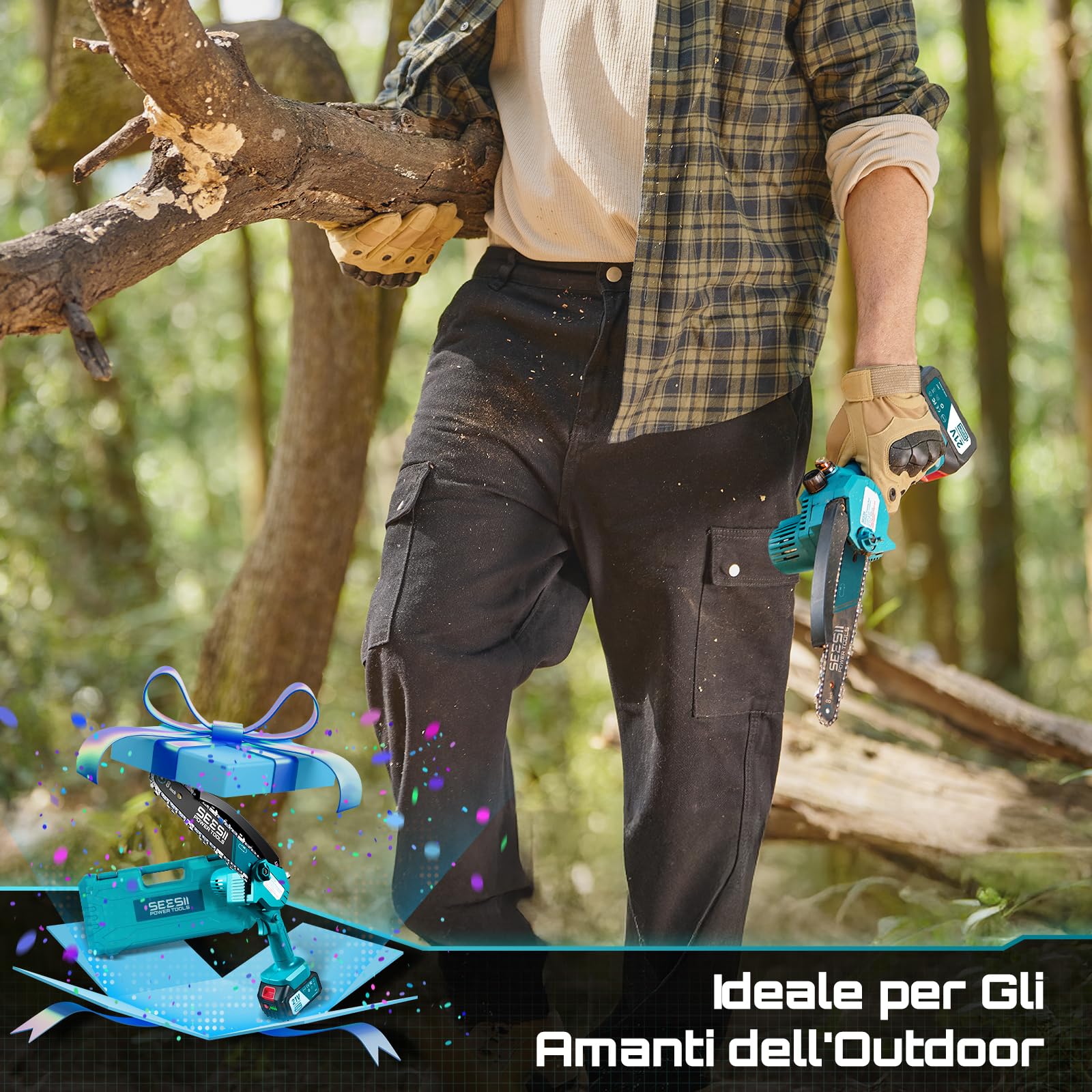 SEESII 8 Pollici Mini Motosega a Batteria 2x4000mAh, Motosega Elettrica con Iniettore Lubrificante e Catena di Ricambio, Sega a Batteria per Potatura Per il Giardinaggio e il Taglio della Legna | Motosega Elettrica Senza Fili con Catena di Sostituzione, M