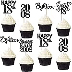 30PCS Black 18th Birthday Cupcake Toppers Glitter Eighteen Happy 18th Straight Outta 2008 Cupcake Picks for Cheers to 18 Years Birthday Wedding Anniversary Party Decoration Supplies