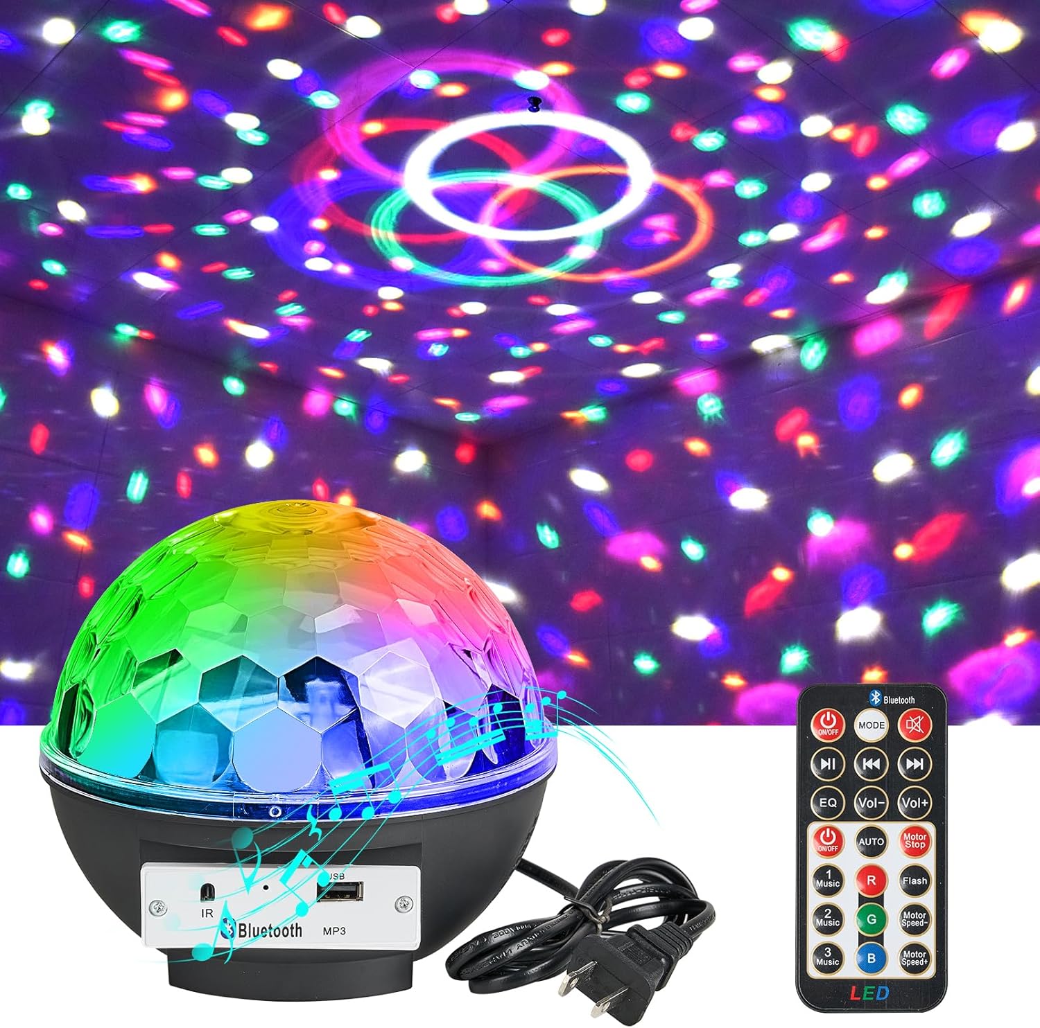 Disco Ball Lights RGB Sound Activated Strobe Rotating Party Stage Lights, Built-in Bluetooth Speaker, for Adult Home Theater,Room Decoration,Halloween Christmas Gift, Birthday Gift, Karaoke