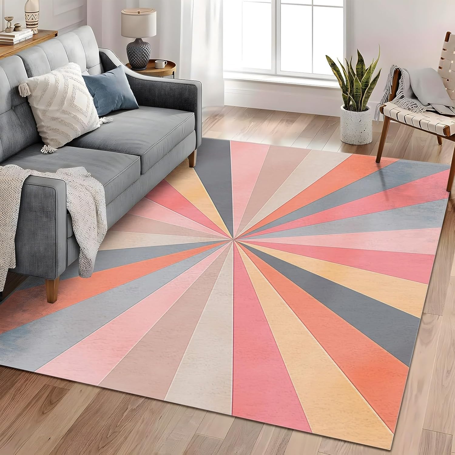 Washable Non-Shed Rugs 4 x 6 ft, Abstract Style Throw Rugs for Bedroom Non Slip, Soft Colorful Light Geometric Lines Bathroom Mat, Entryway Rug Indoor Floor Chair Carpet for Living Room Coffee Table