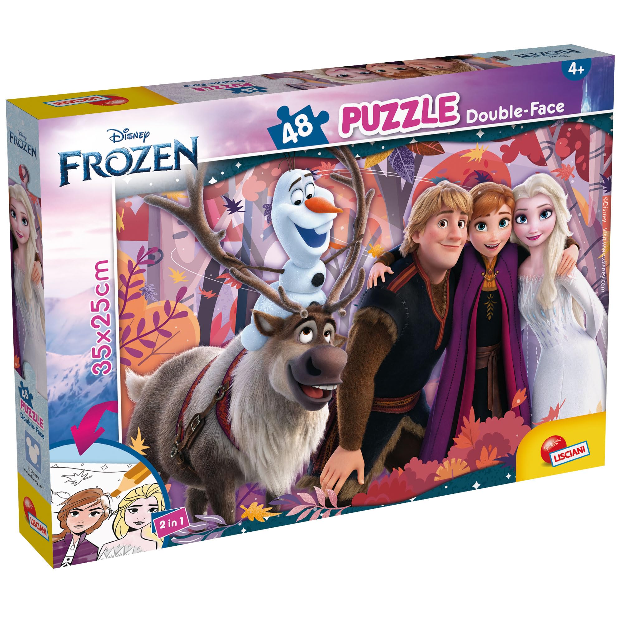 Lisciani - DISNEY Jigsaw - SNOW QUEEN MaxiPlus - 48 Piece Double Sided Jigsaw Puzzle for Children from 4 Years - Colouring Board - 25x35 cm - Creative Activity - Frozen Birthday Gift Idea