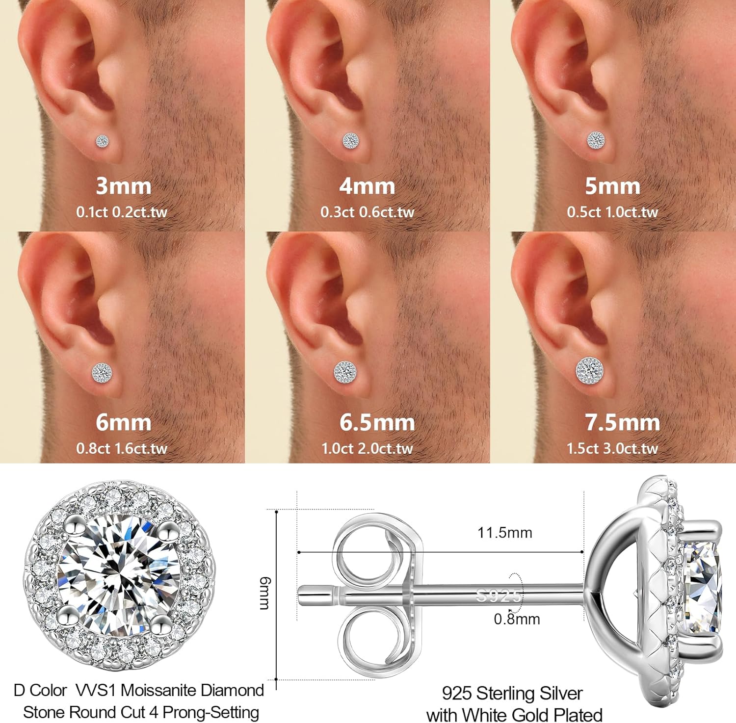KRKC Moissanite Earrings, Lab Created Diamond Stud Earrings For Women Men, 14K Golden-Plated, 925 Sterling Silver Earrings, D Color VVS1, Valentines Christmas Gift, Halo Style, Push Back, 0.2CT-8CT - Image 4
