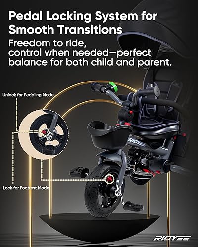 Miniatura 4 de Triciclo plegable 7 en 1 para niños de 18 meses a 5 años, cochecito de triciclo con frenos dobles, neumático de goma todo terriano, triciclo para