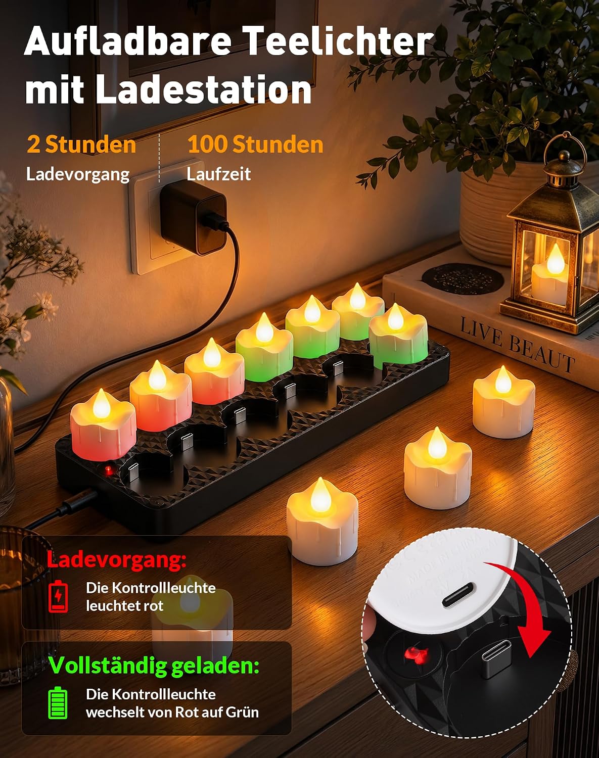 LED-Teelichter-Wiederaufladbare-Fernbedienung-Timerfunktion-Ladestation - Mise en situation et utilisation